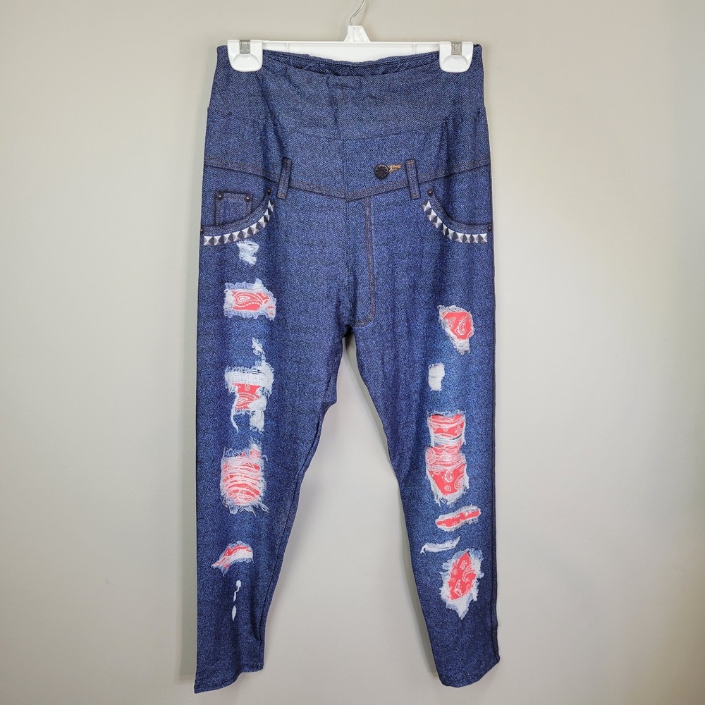 Dark‎ Wash Faux Distressed Denim Red Bandana Accents Leggings Plus Size